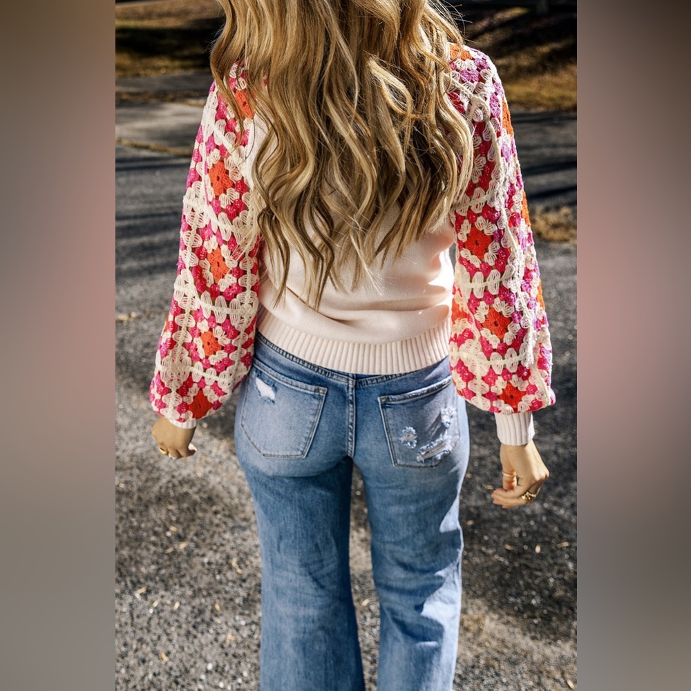 Flower Element Openwork Round Neck Sweater - image 2